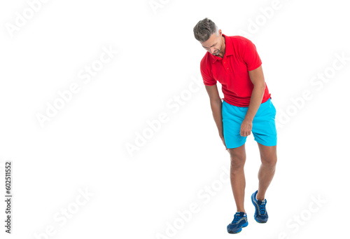 man runner has sport injury or trauma and feel pain of aching muscle isolated on white background, copy space