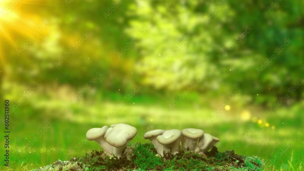 Cultivation of oyster mushrooms growing in a magical forest from the soil, 4k slow motion. Sprouting Oyster Mushroom. Fungus shirataki accelerated time-lapse