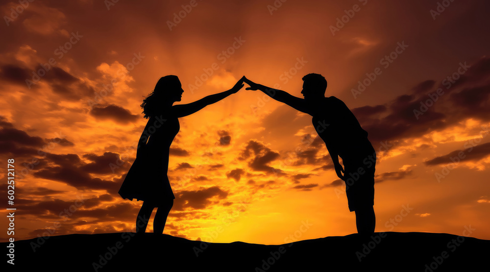 Silhouette of a man and a woman reaching out to each other in the sunset sky