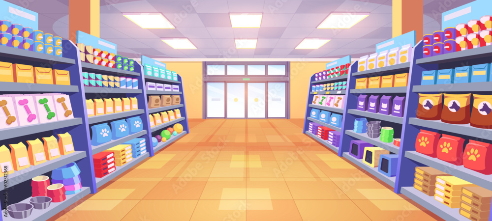 Pet shop interior with dog toy cartoon vector illustration. Petshop aisle business with food, goods and accessories on shelf for domestic animal indoor background. Doghouse stand with treats for sale