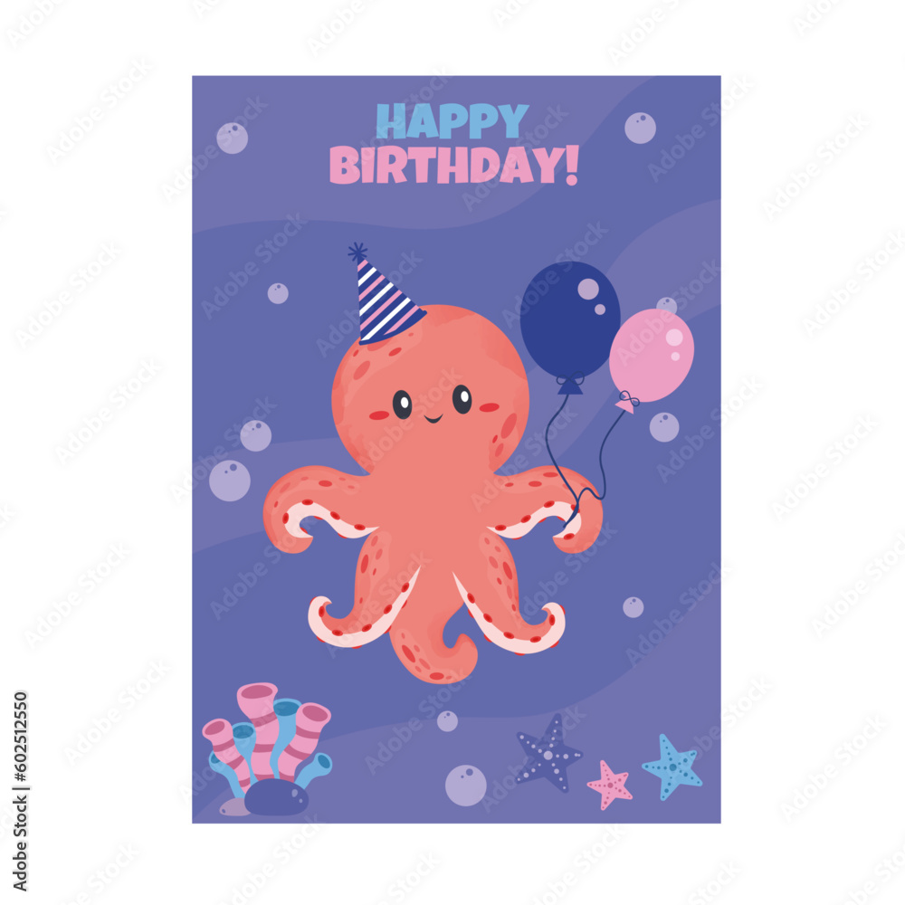 Fototapeta premium happy birthday greeting card with octopus, birthday party, hello summer