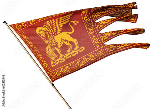 Flag of the city of Venice and Veneto region with the winged lion of St Marc (San Marco). Isolated on white or transparent background. Italy, Europe. Png.
