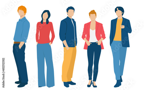  Set of young men and women, different colors, cartoon character, group of silhouettes of standing business people, students, the design concept of flat icon, isolated on white background