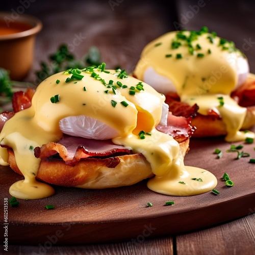 Eggs Benedict on Wooden Background with Hollandaise Sauce. Generative AI