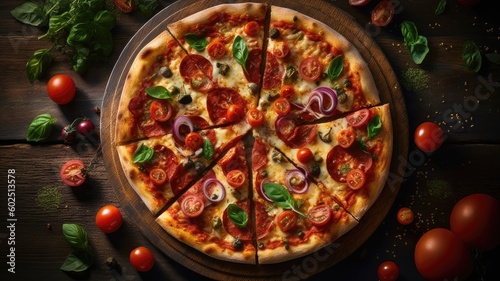 fresh pizza on wooden background AI generative