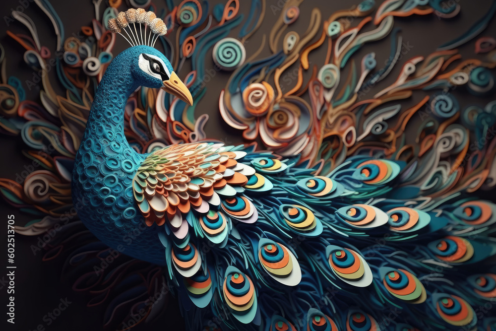 Fototapeta premium Colorful peacock, wallpaper for wall decor, generative AI
