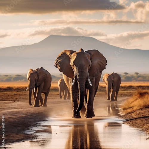 Elephants at Amboseli National Park, Kenya. Generative AI photo