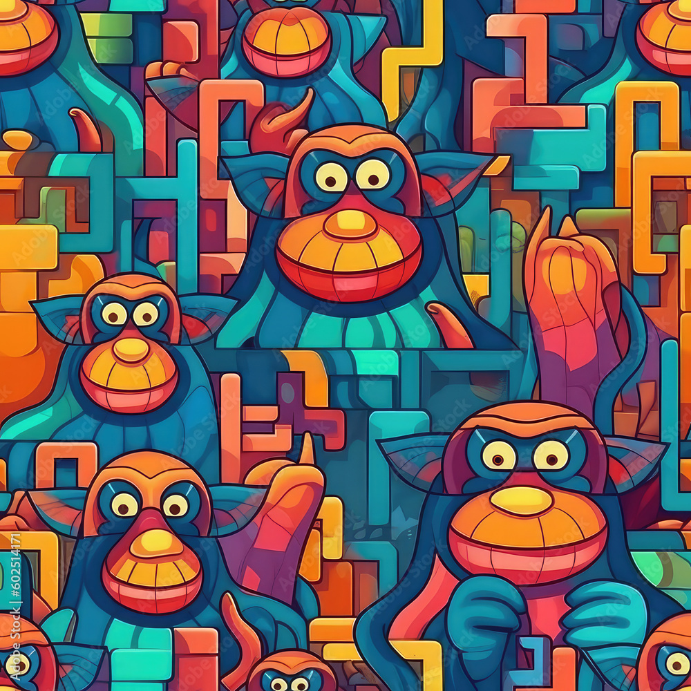 Monkeys seamless repeat pattern - fantasy colorful cubism, abstract art, trippy psychedelic [Generative AI]