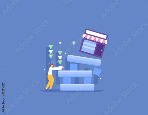 a businessman panicked because the business he built went bankrupt. failures and problems in business. business collapses and disintegrates. a failed businessman. illustration concept design. vector