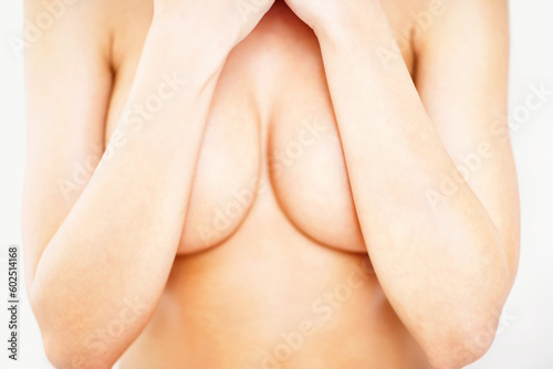 Slika na platnu Cover, closeup and breast of woman in studio for sensual, cleavage and temptation