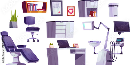 Dentist chair in hospital office cabinet vector. Dental practice interior with tooth machine equipment and orthodontic treatment. Stomatology doctor instrument and furniture for consulting clipart set