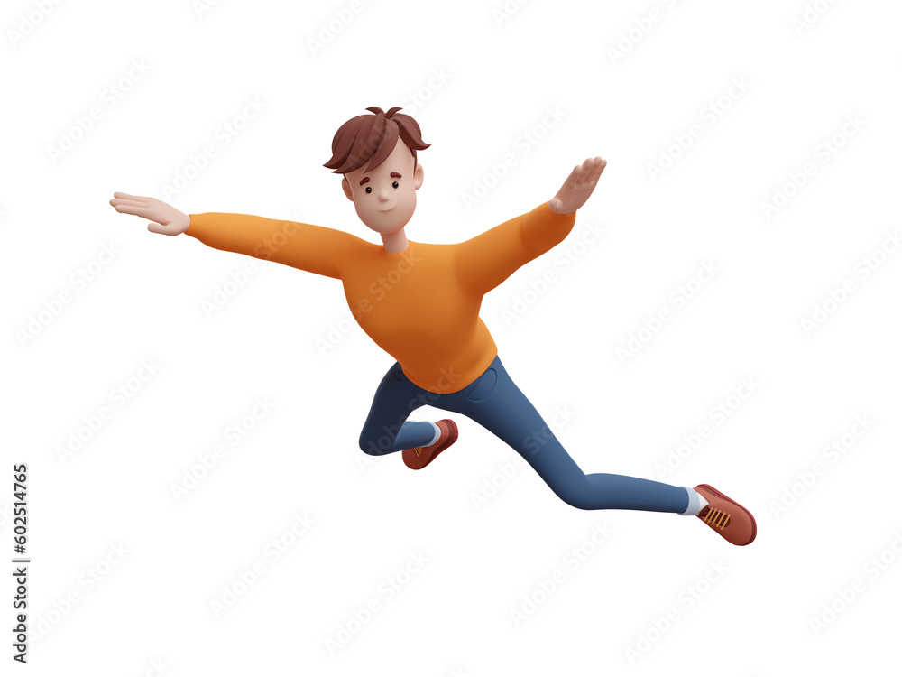 3D young positive man jumping, flying in a dynamic pose. Portrait of a funny cartoon guy in casual clothes. Minimalistic stylized character. 3D illustration on white background.