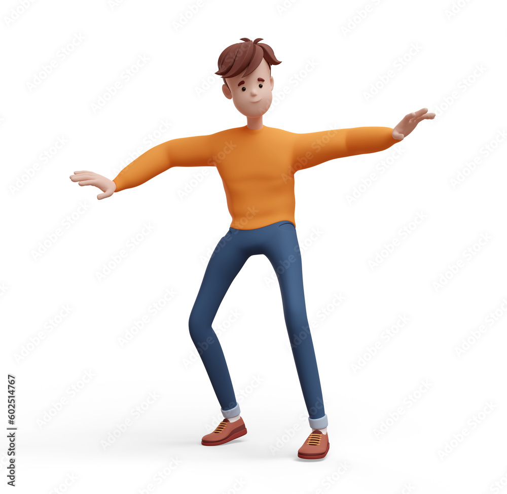 3D young positive man dancing with his index fingers up. Portrait of a funny cartoon guy in casual clothes, sweater and jeans. Minimalistic stylized character. 3D illustration on white background. 3D young positive man dancing with his index fingers up. Portrait of a funny cartoon guy in casual clothes, sweater and jeans. Minimalistic stylized character. 3D illustration on white background.