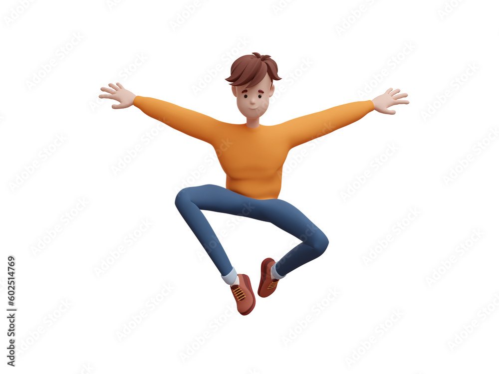 3D young positive man jumping, flying in a dynamic pose. Portrait of a funny cartoon guy in casual clothes. Minimalistic stylized character. 3D illustration on white background.
