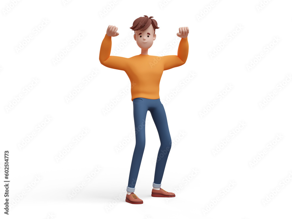 3D young positive man standing in a winning pose with his fists up. Portrait of a funny cartoon guy in casual clothes. Minimalistic stylized character. 3D illustration on white background. 3D young positive man standing in a winning pose with his fists up. Portrait of a funny cartoon guy in casual clothes. Minimalistic stylized character. 3D illustration on white background.