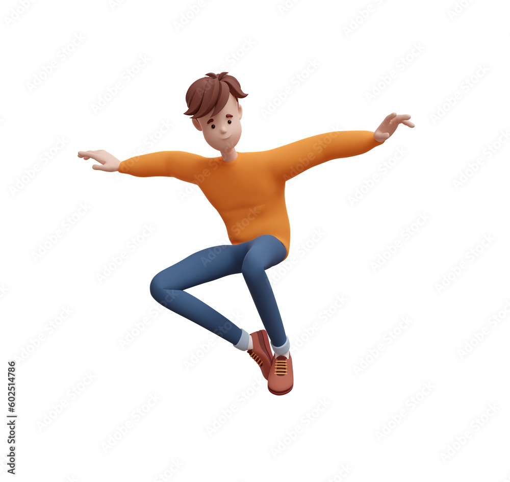 3D young positive man jumping, flying in a dynamic pose. Portrait of a funny cartoon guy in casual clothes. Minimalistic stylized character. 3D illustration on white background. 3D young positive man jumping, flying in a dynamic pose. Portrait of a funny cartoon guy in casual clothes. Minimalistic stylized character. 3D illustration on white background.