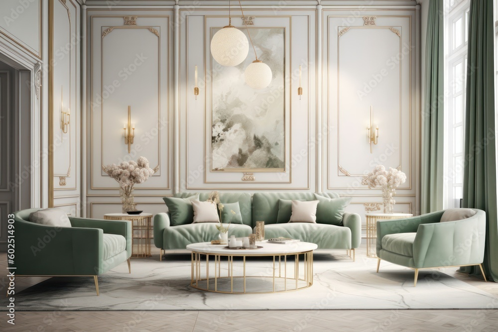 Fototapeta premium Inviting Elegant Living Room with Contemporary Flair, featuring Stylish Furniture and Artful Decor.