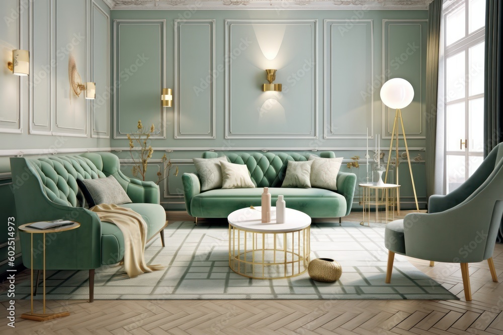 Fototapeta premium Luxury living room in house with modern interior design, green velvet sofa