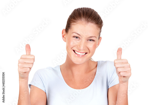 Happy woman, portrait smile and thumbs up for winning, success or good job against a white studio background. Female person smiling showing thumb emoji, yes sign or like for approval or agreement