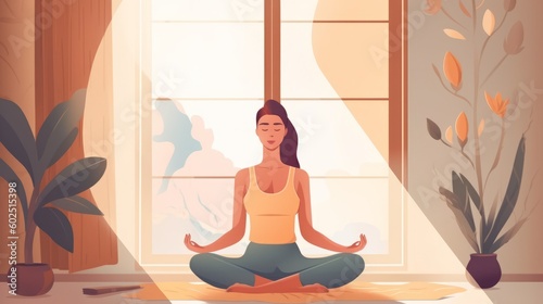 Relaxed woman meditating in yoga pose. Generative AI