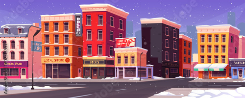 Foto Winter city with snow on street and house facade cartoon background