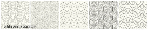 Vector seamless patterns set. Stylish linear ornaments. Geometric striped backgrounds with arches. Art deco thin monochrome swatches. Tileable prints with linear pointed arches.
