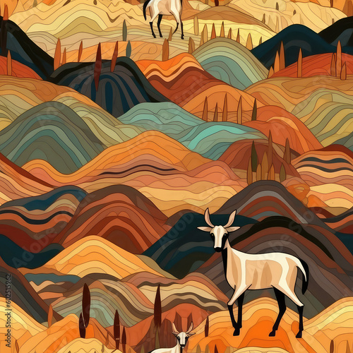 Goats seamless repeat pattern - fantasy colorful cubism, abstract art, trippy psychedelic [Generative AI]