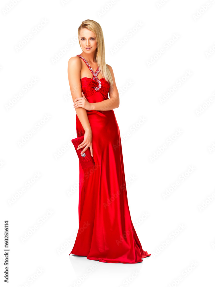 Fashion, beauty and portrait of woman in prom dress for party, celebration and formal event. Couture, designer and luxury with girl in evening gown for ball, elegant and wedding in white background