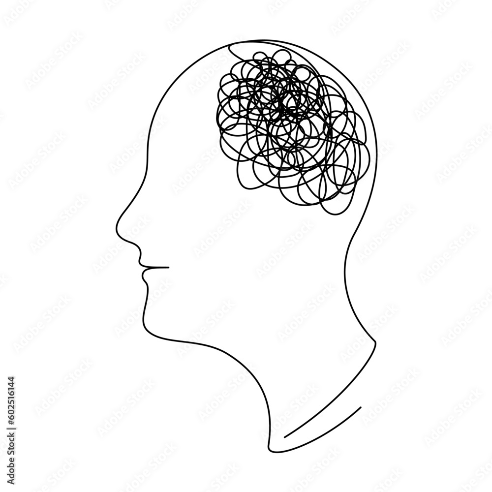 one line drawing of human head with confusion of thoughts one line drawing of human head with confusion of thoughts