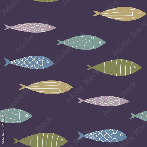 seamless pattern with doodle textured fishes 