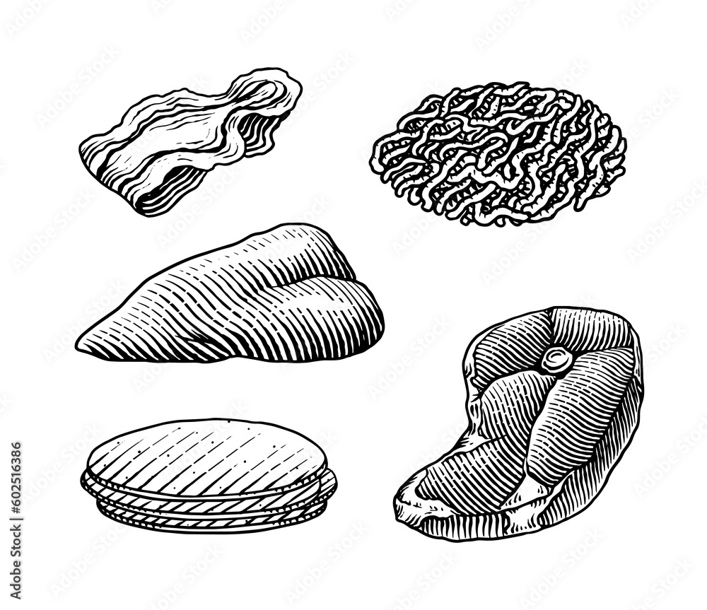 Red meat products. Veal beef, ribs, Bacon, jamon, mortadella, lamb beef