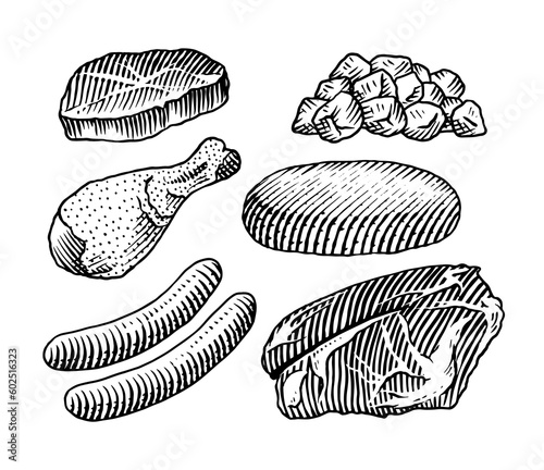 Red meat products. Veal beef, ribs, Bacon, jamon, mortadella, lamb beef Steak, pork sausage, chicken legs, sirloin, brisket Butchery food Hand drawn Vintage sketch. Products for label, restaurant menu