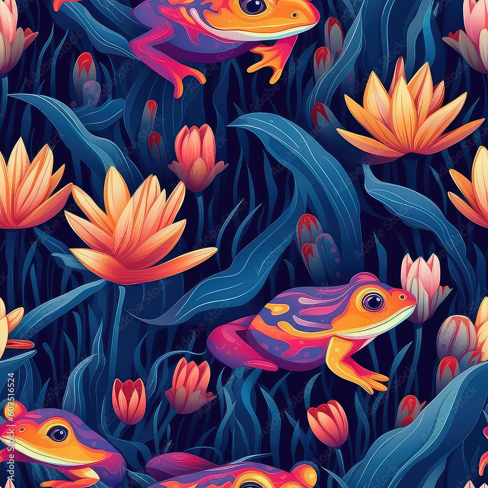 Frogs in a lily pond seamless repeat pattern - fantasy colorful cubism, abstract art, trippy psychedelic [Generative AI]