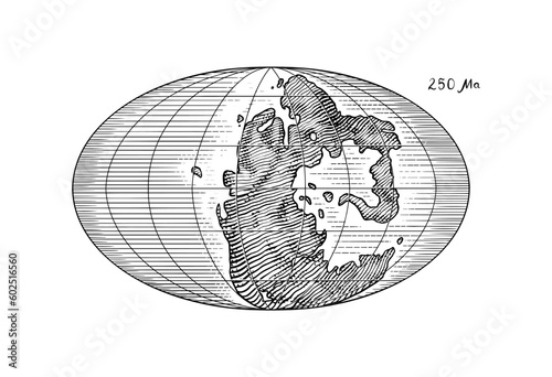 Plate tectonics on the planet Earth. Pangaea. Continental drift. Supercontinent at 250 Ma. Era of the dinosaurs. Jurassic period. Mesozoic. Hand drawn sketch for typography. Vintage engraving style.