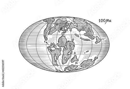 Plate tectonics on the planet Earth. Pangaea. Continental drift. Supercontinent at 100 Ma. Era of the dinosaurs. Jurassic period. Mesozoic. Hand drawn sketch for typography. Vintage engraving style.