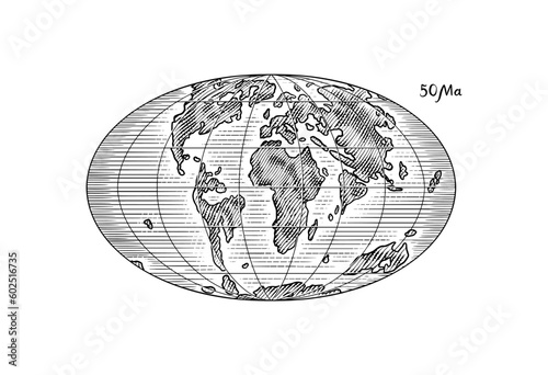 Plate tectonics on the planet Earth. Pangaea. Continental drift. Supercontinent at 50 Ma. Era of the dinosaurs. Jurassic period. Mesozoic. Hand drawn sketch for typography. Vintage engraving style.