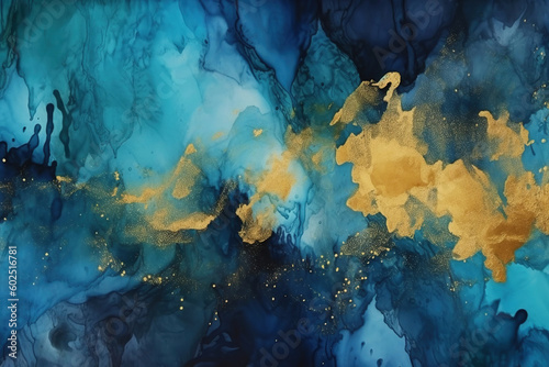 Blue watercolor texture with golden paint, abstract grunge banner background