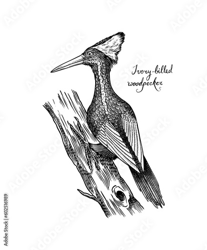 Ivory-billed woodpecker. Extinct predatory bird. Engraved Hand drawn vector illustration in woodcut Graphic vintage style, vintage drawing