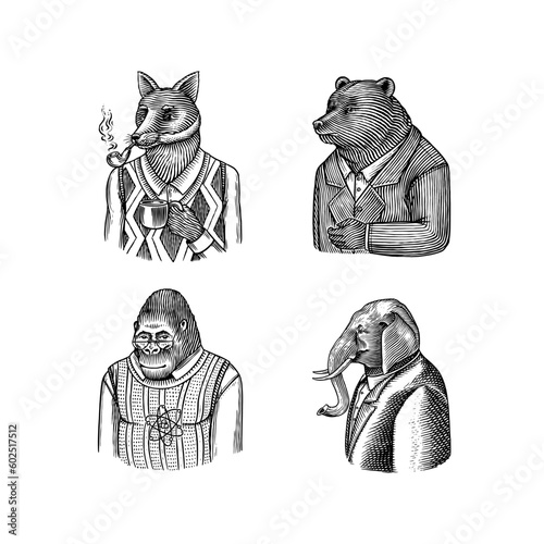 Grizzly Bear, Elephant gentleman, Fox with a smoking pipe, Monkey scientist. Gentleman Fashion animal character in a suit. Hand drawn sketch.
