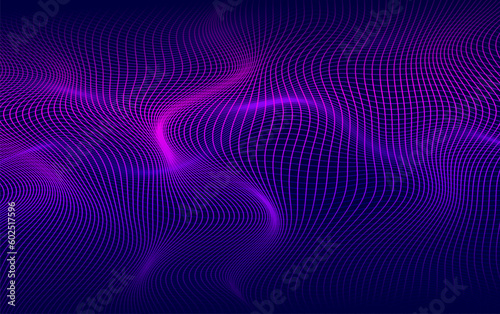  Futuristic technology vector design background. Smooth wavy interconnecting lines pattern. Blue and purple neon colored flowing lines.