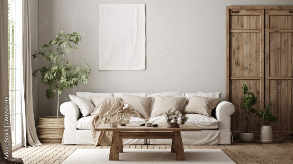 Farmhouse Living Room Background. Stylish Interior Design. Generative