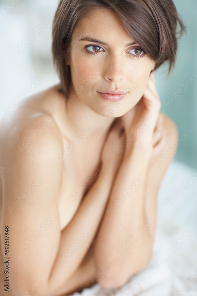Sexy body, topless or boobs with woman in bedroom for sensual, home erotic and feminine beauty. Relax, seductive and confident nude girl with arms covering breasts in temptation, art deco or flirting