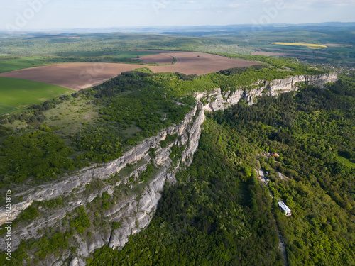 Aerial view of Madara Plateau, where the iconic Madara Rider is intricately carved. Experience Bulgaria's rich heritage and natural wonders from above photo