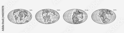 Plate tectonics on the planet Earth. Pangaea. Continental drift. Supercontinent at 250 Ma. Era of the dinosaurs. Jurassic period. Mesozoic. Hand drawn sketch for typography. Vintage engraving style.
