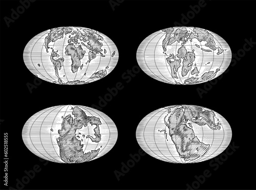 Plate tectonics on the planet Earth. Pangaea. Continental drift. Supercontinent at 250 Ma. Era of the dinosaurs. Jurassic period. Mesozoic. Hand drawn sketch for typography. Vintage engraving style.