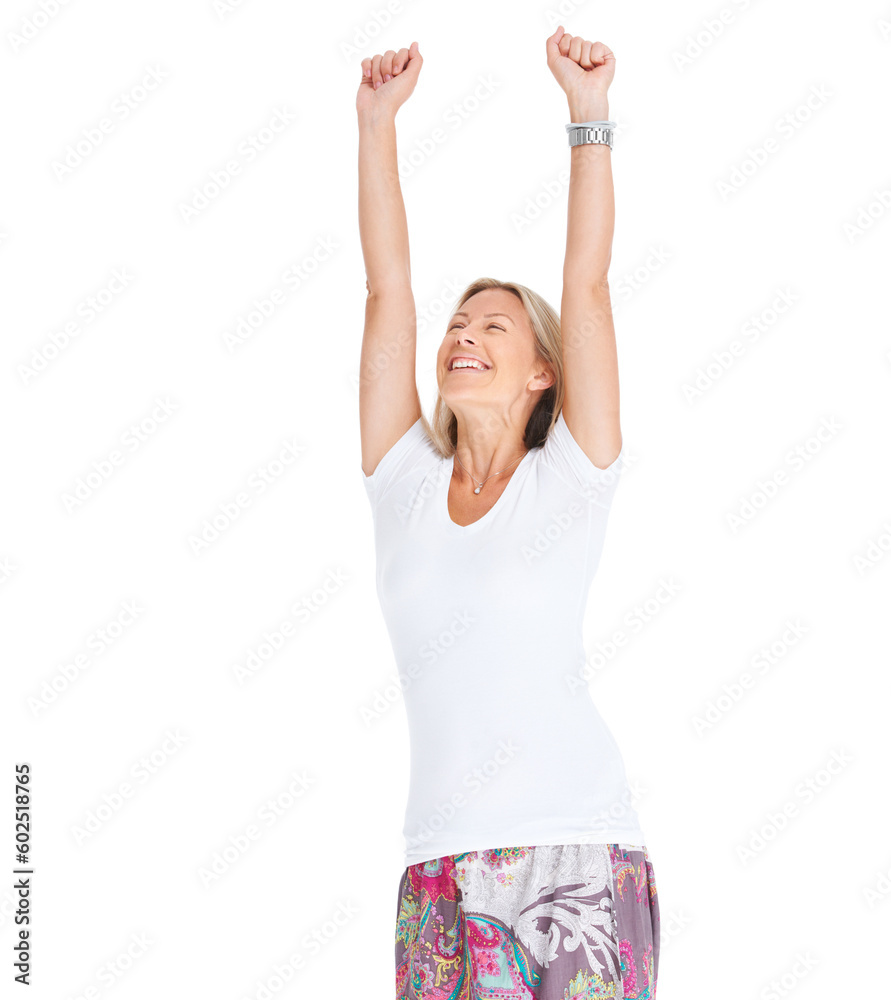 Woman, excited and celebrate win with hands raised for achievement, goal or bonus. Happy female model isolated on a white background for lotto success celebration, news and sale or prize announcement Woman, excited and celebrate win with hands raised for achievement, goal or bonus. Happy female model isolated on a white background for lotto success celebration, news and sale or prize announcement