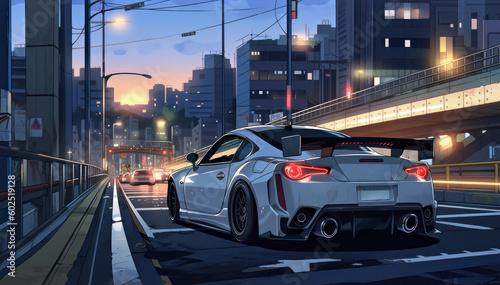 Night city and sports car, Generative AI