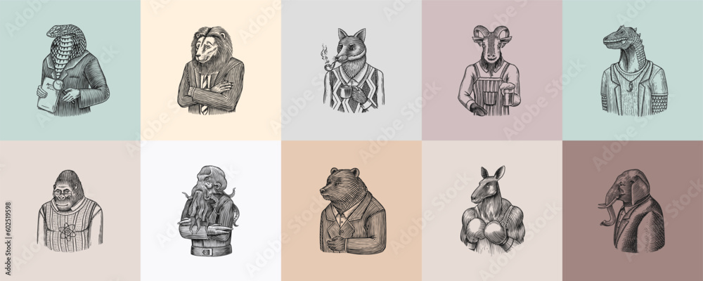 Grizzly Bear, Octopus, t-rex dinosaur, Elephant, Indian cobra snake, Fox with a smoking pipe, lion, Monkey scientist Goat with beer. Gentleman Fashion animal character in a suit. Hand drawn sketch.
