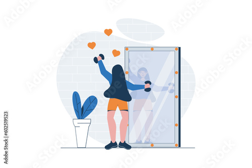 Sport training web concept with character scene. Woman with dumbbells doing strength exercises at gym mirror. People situation in flat design. Vector illustration for social media marketing material.