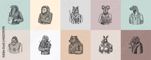 Grizzly Bear, Octopus, t-rex dinosaur, Elephant, Indian cobra snake, Fox with a smoking pipe, lion, Monkey scientist Goat with beer. Gentleman Fashion animal character in a suit. Hand drawn sketch.